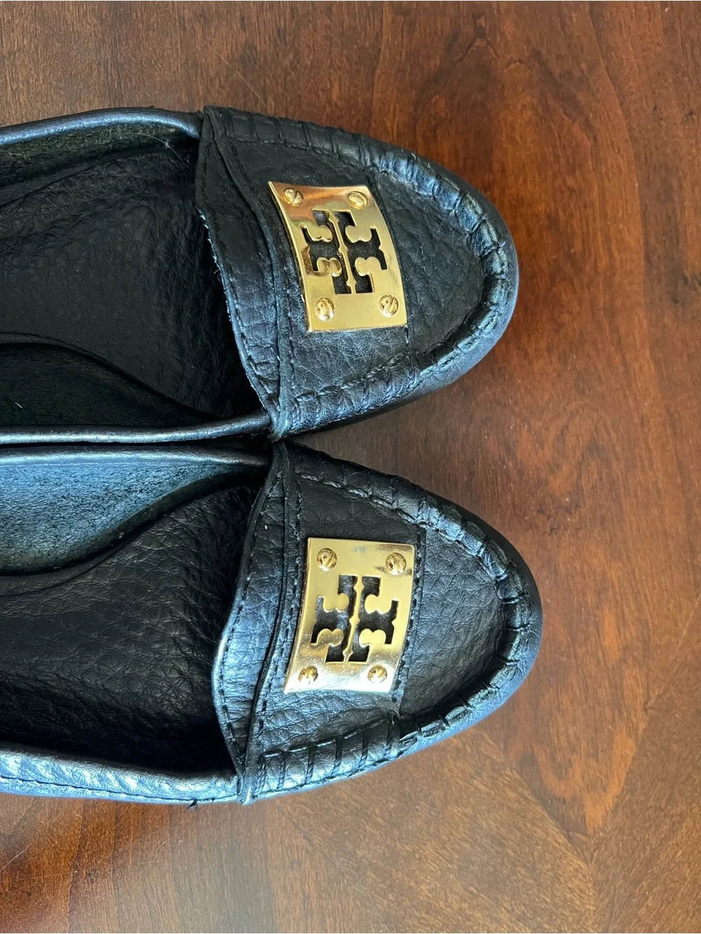 Tory Burch Black Leather Logo Moccasins with Gold Plaque
